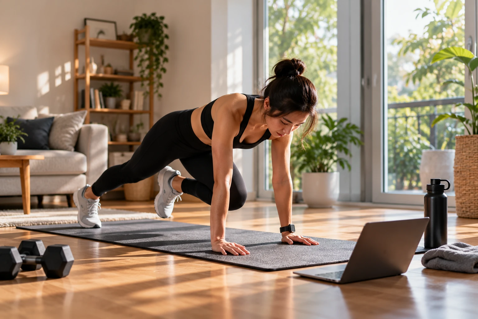 ผู้หญิงกำลังออกกำลังกายแบบ Bodyweight ที่บ้านบนเสื่อออกกำลังกาย
