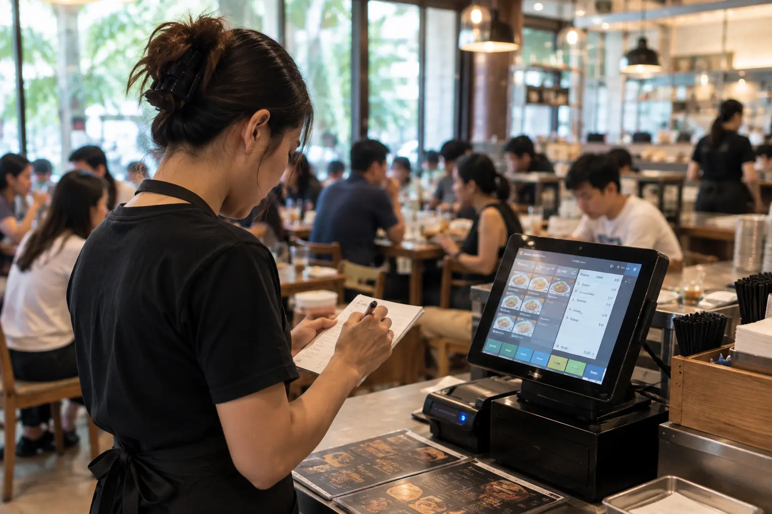 พนักงานร้านอาหารจดออร์เดอร์ลงกระดาษในช่วงที่ร้านมีลูกค้าจำนวนมาก