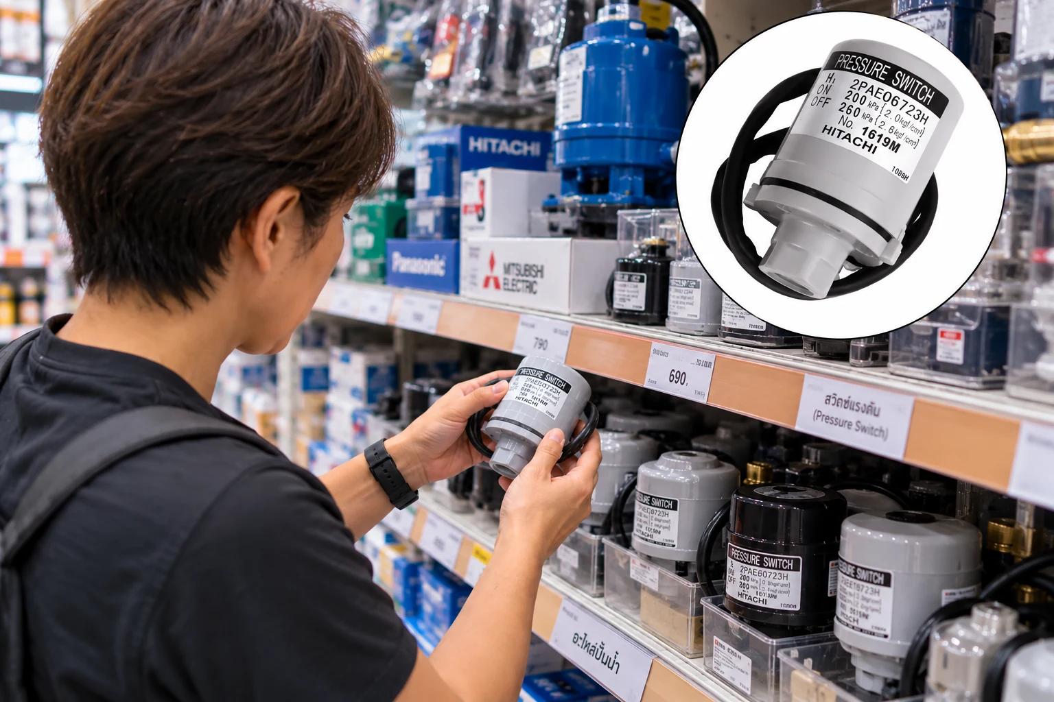 กำลังเลือก Pressure Switch สำหรับปั๊มน้ำในร้านอุปกรณ์ พร้อมตัวอย่างหน้าตาของอะไหล่