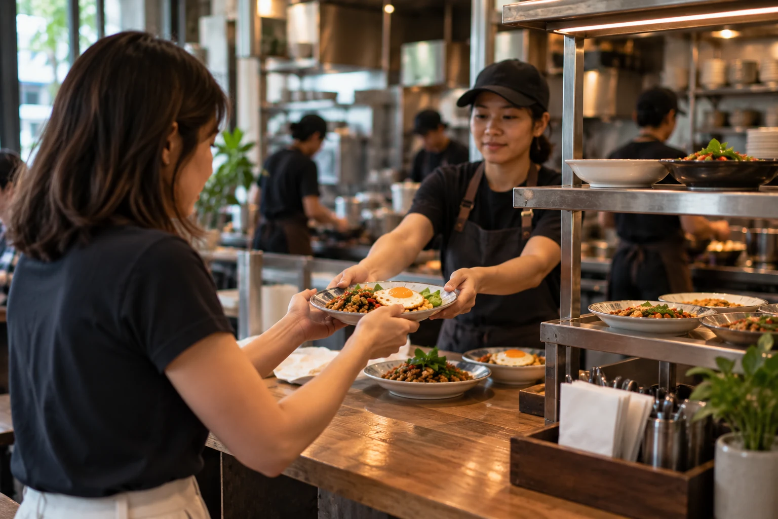 ลูกค้ารับอาหารด้วยตัวเองที่จุดรับอาหารของร้าน