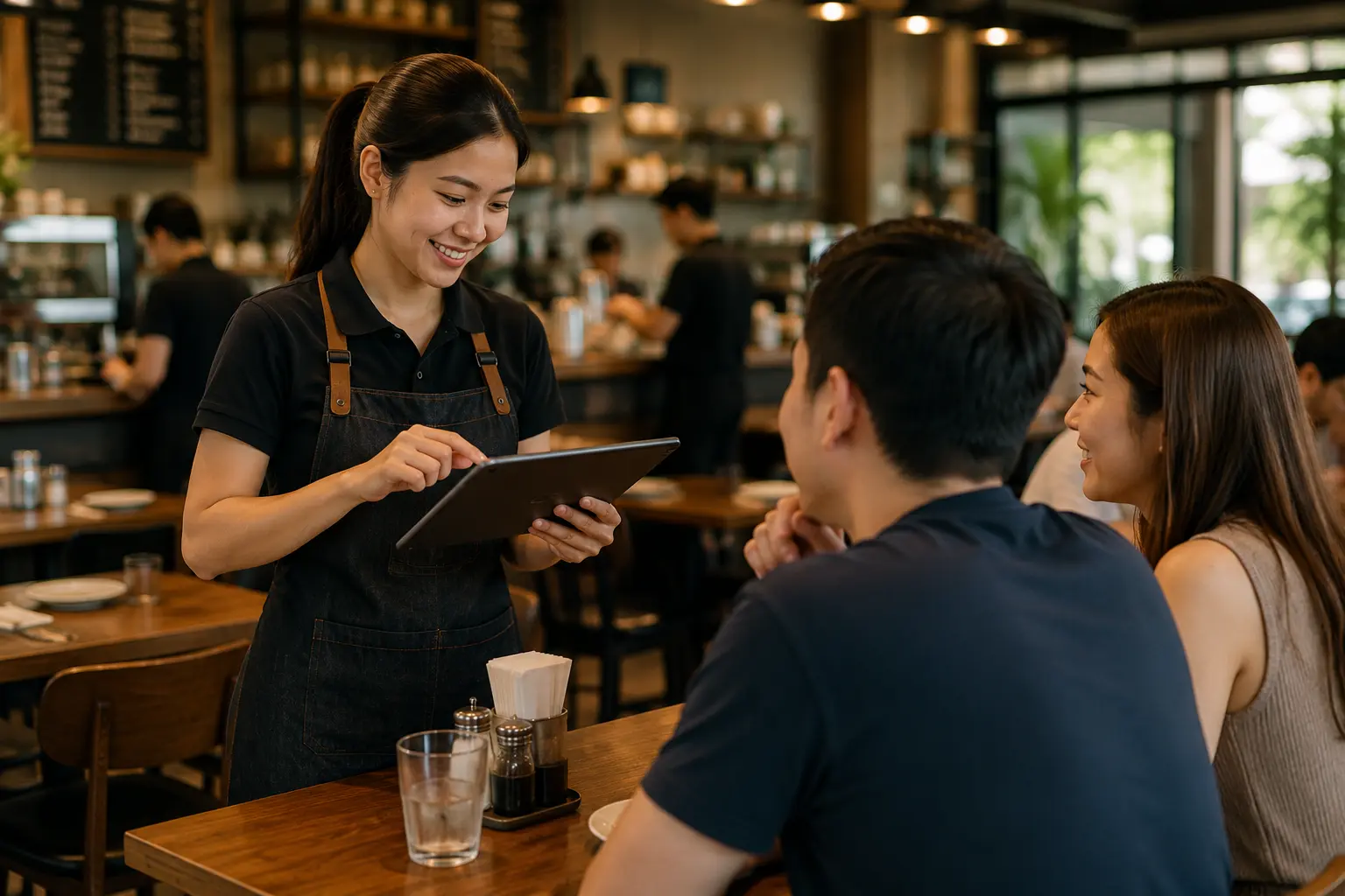 พนักงานร้านอาหารรับออร์เดอร์และบันทึกเข้าระบบ POS